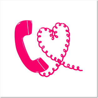 Hot pink retro phone 90s heart cord design Posters and Art